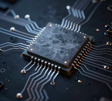 Macro photography of a futuristic microchip with glowing mist grey circuits against a dark deep midnight background, emphasizing precision and cutting-edge tech.
