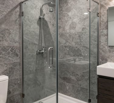 A contemporary bathroom with gray slate tiles and a walk-in glass shower, North American / Hispanic interior design, sharp focus and clean aesthetic.