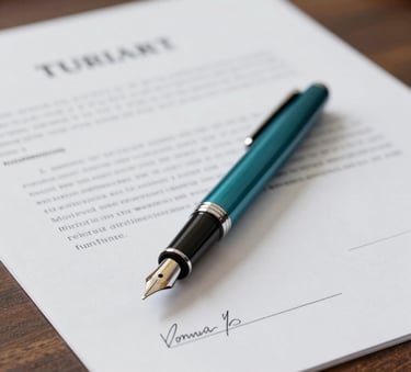 A close-up of a high-quality fountain pen resting on a signed legal contract. The scene is set on a dark, polished wooden desk with soft, professional lighting. Subtle deep teal (#054D4B) highlights on the pen and background elements to maintain brand consistency.