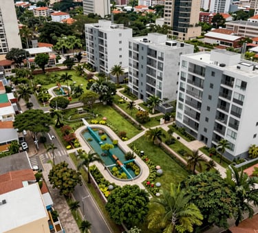 A professional wide shot of a modern sustainable residential development in a South American urban setting featuring integrated water recycling systems and lush green landscapes.