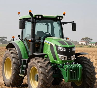 A high-quality professional photograph of a modern green tractor in an Ethiopian field, bright daylight, showcasing reliability and power, incorporating #52796F and #84A98C brand colors.