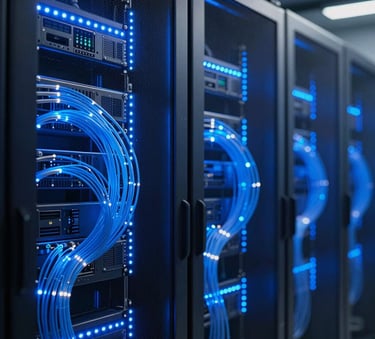 A futuristic server room backdrop with glowing deep sky blue LED lights and soft blue fiber optic cables. The setting is clean and high-tech, representing a global data center in a South Asian / Global Professional context.