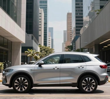 Side profile of a premium, clean silver SUV parked in front of modern architecture in a Latin American business district, sleek and professional aesthetic, bright daylight.