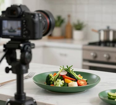 Behind-the-scenes shot of a professional camera on a tripod in a bright, modern kitchen, focusing on a beautifully plated dish of seasonal vegetables. The mood is professional and focused, featuring Matte Forest Green #2A5F43 accents and soft natural lighting.