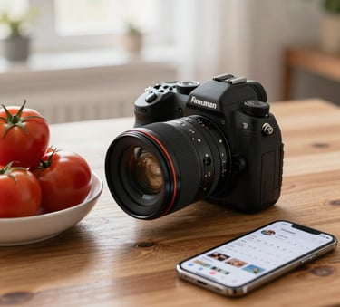A professional digital camera positioned on a wooden desk next to a bowl of vibrant, ripe tomatoes and a smartphone displaying a social media content calendar, soft morning light in a North American / European studio setting.