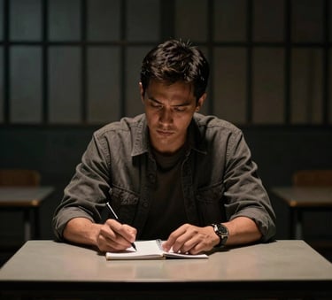 A close-up photograph of a person's hands resting calmly on a dark wood table next to a notebook. The lighting is soft and natural, emphasizing a sense of composure and preparation. The scene uses muted sage green and deep forest green tones in the shadows.