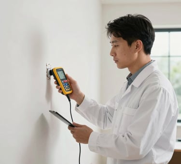 A professional environmental inspector in a clean white uniform using a digital moisture meter on a wall inside a bright, modern North American home.