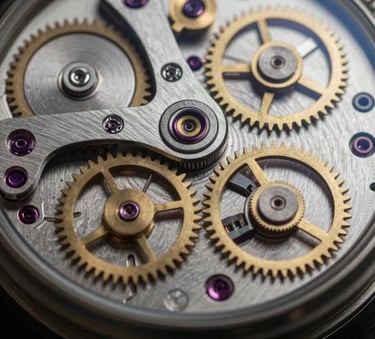 A macro, editorial photograph of a mechanical watch movement showing intricate steel gears and tiny brass components. The lighting is low and moody, reflecting off the metallic textures with deep charcoal and muted gold highlights.