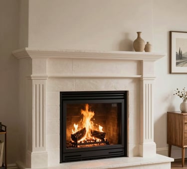A cozy, warm living room in a North American home featuring a clean, lit fireplace with an elegant stone mantle, soft warm glow from the flames, inviting and safe atmosphere, professional interior photography.