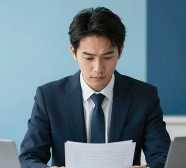 A professional in a North American / US business environment, reviewing a document with focus, minimalist decor with Sky Blue and Navy Blue accents, professional photography style.
