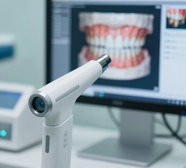 Close-up of a high-tech digital dental scanner and a monitor showing a 3D tooth model, professional and sterile environment, lighting in #D6E0EC and #2A4B6A tones.