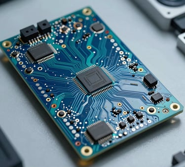 A high-performance circuit board with intricate copper traces and tiny silicon components, professionally lit with bright teal blue and deep midnight blue accents, North American technology laboratory setting.