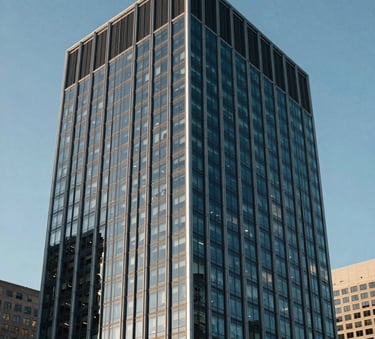A contemporary glass and steel office building in a North American / US business district under a clear sky, conveying reliability and growth with a palette of Dark Blue and Light Blue.