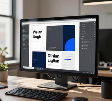 A high-end designer's workstation in a sunlit North American office featuring a large monitor displaying a sophisticated brand identity project with minimalist typography and Charcoal and Blue accents.