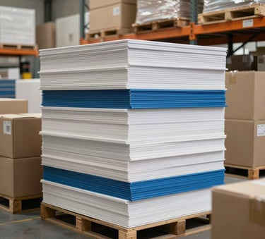 High-quality photography of stacked packaging materials and shipping boxes in a clean, modern warehouse in Central Europe. Soft daylight lighting, emphasis on order and efficiency, neutral tones with hints of blue.