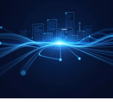 A high-end, futuristic digital representation of data flows and website architecture using glowing lines in #5E8BA8 against a deep #0A1C2C background, sophisticated tech mood.