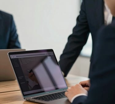 A close-up photograph of a professional meeting in a modern office with deep navy and warm off-white tones. A laptop is visible on a wooden table, reflecting a sleek and innovative business environment.