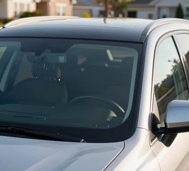A close-up photograph of a modern SUV with a pristine, crystal-clear windshield parked on a clean suburban street in a North American neighborhood. Bright, natural morning light highlights the smooth glass and the professional finish. The background is slightly blurred with soft blue and off-white tones.