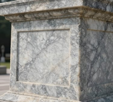 A professionally photographed marble monument in a serene outdoor setting, showing fine carving details and the smooth texture of silver grey and soft off-white natural stone under soft daylight.