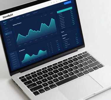 A clean, modern top-down view of a professional desk with a laptop displaying a complex digital marketing analytics dashboard with blue and teal line graphs. The setting is professional and reflects the results-driven mood of StoreBy24 using the #0B132B and #3A506B palette.