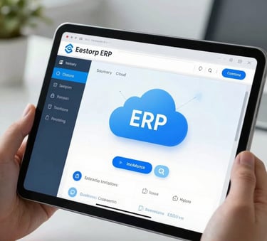 A close-up photograph of a high-resolution tablet displaying a clean enterprise software interface, held by hands in a professional setting. The focus is sharp on the screen, symbolizing cloud ERP technology. The background is a bright, modern North American office. Colors include light blue and navy blue.