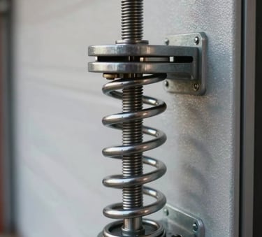 Close-up of a new, heavy-duty torsion spring being installed on a garage door. The image has a clean, mechanical look with high-contrast lighting, highlighting the durability of the components. Metallic silver and charcoal tones dominate.