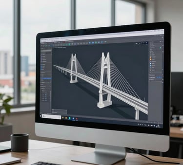 A modern engineering office in Gombe, Kinshasa, with wide windows overlooking the city. A large computer monitor shows a professional 3D structural model of a bridge, reflecting a clean, technical environment in Central African / Congolese context.