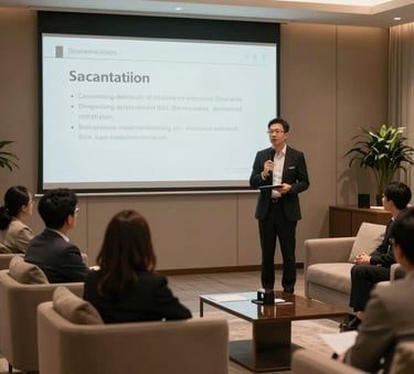 A sleek, professional marketing presentation taking place in a high-end Southeast Asian / Indonesian corporate lounge, Soft Warm Taupe furniture, cinematic lighting.