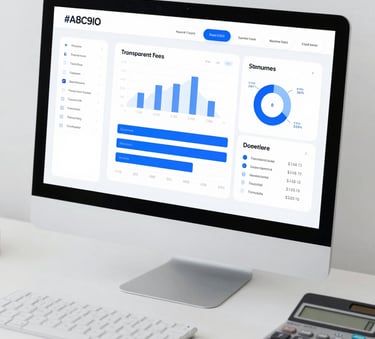 A minimalist, high-key photograph of a modern financial dashboard and calculator on a desk, symbolizing transparent fee structures, with a focus on #A8C9D0 and #3C6B7B accents. Professional and organized.