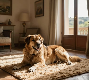 A cozy and elegant home interior in Fiesole with a large dog resting happily on a soft tan rug near a sunlit window, Southern European style architecture, warm and inviting atmosphere.