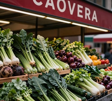 A high-contrast photograph of a vibrant modern food market in a North American / US city. The scene features fresh organic produce, matte forest green foliage, and deep ripe crimson signage. The lighting is crisp and sophisticated, highlighting the artisanal quality of the food items.