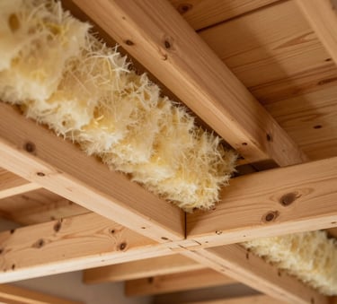 Close-up of high-quality mineral wool insulation being meticulously fitted between wooden rafters in a bright attic, European / French construction style.