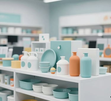 A professionally organized display of diverse merchandise including premium office supplies, toys, and kitchenware, arranged in a modern showroom setting. The lighting is clean and bright, incorporating tones of #98AFC0 and #F4F7F8 to convey a sense of variety and quality.