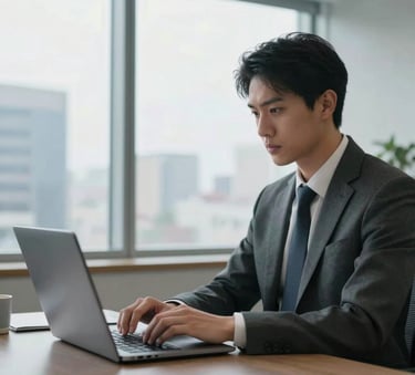 A professional IT specialist in business attire working on a laptop within a clean, modern North American office setting, large windows in the background showing a cityscape, daylight lighting.