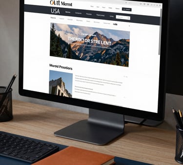 A sleek, modern North American / US workspace featuring a large monitor displaying a professional website layout. The lighting is soft and intuitive, with a burnt orange notebook and dark slate blue desk accessories.