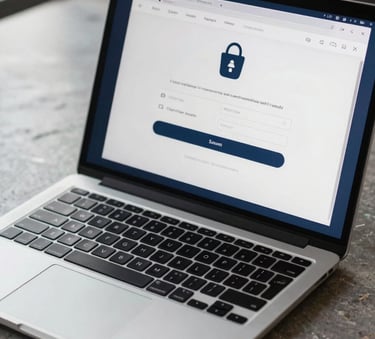 A close-up of a sleek, high-end laptop on a polished stone desk displaying a secure payment gateway interface, professional North American / European business setting, soft morning light, accents of dark blue and light grey.