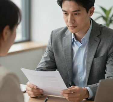 A professional financing consultant in a bright, modern office reviewing documents with a client, North American / US setting, professional and trustworthy atmosphere, soft natural lighting.