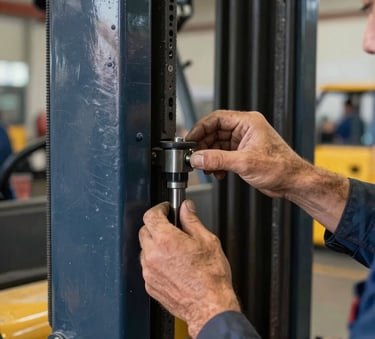 A close-up shot of a mechanic's hands adjusting a component on a forklift mast, sharp focus on the technical work, professional lighting, industrial setting in a South American warehouse, hints of navy blue and golden yellow in the background.