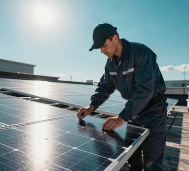 A professional technician in a clean uniform inspecting a modern solar panel installation on a rooftop. The sun is shining brightly, creating a high-contrast, sharp image. The sky is a deep teal hue #2D6F7C, and the atmosphere is forward-thinking and efficient.