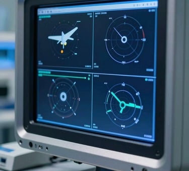 A close-up of a high-tech aviation safety monitoring system in a professional North American / US laboratory, featuring steel blue and deep blue lighting on metallic surfaces, conveying innovation and technical expertise.