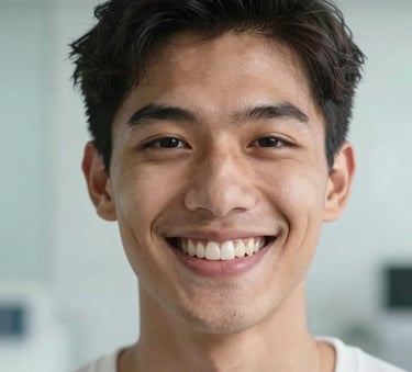 A close-up of a healthy and bright smile in a clean, modern South American setting, soft natural lighting, reflecting dental wellness, with pale blue and white tones in the background.