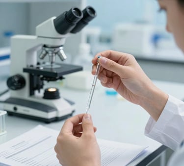 Close-up cinematic shot of hands of a Western European student in a pristine medical laboratory, holding an elegant glass pipette over a sample, with structured clinical notes and high-end microscopes beautifully blurred in the background. Scientific, crisp, and high-contrast lighting with slate and soft sky blue color tones.