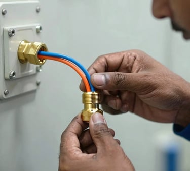 A close-up shot of a professional South Asian / Indian electrician's hands securely installing an orange and sky blue wire into a premium brass cable gland, set in a clean, modern industrial facility.