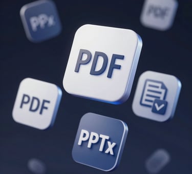 A high-quality 3D render of export icons for PDF, PPTX, and Image formats, floating in a dark digital void with #0D1117 backgrounds and subtle #F0F6FC glows. Sharp edges and professional finish.