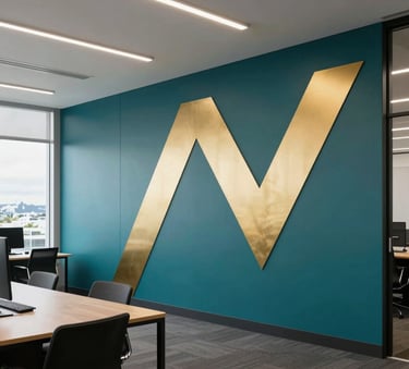 A professional shot of a modern Auckland office interior with bold deep teal and gold painted geometric accents on the walls, bright commercial lighting, sleek furniture, Oceanic / New Zealand style.