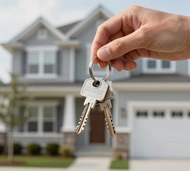 A close-up shot of hands holding new house keys with a modern North American house in the soft-focus background, bright natural morning light, emphasizing a successful home purchase.