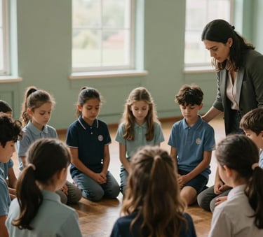An emotional photo of a group of school children and a teacher in a prayer circle, soft natural lighting through high windows, muted sage green walls in the background, focusing on the calm and communal atmosphere.