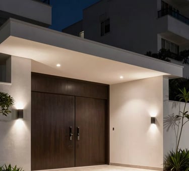 A sophisticated nighttime photograph of a luxury residential entrance in a high-end Brazilian neighborhood, showing strategic, subtle security lighting. The composition is clean and modern, evoking a sense of absolute control and safety with a deep navy and off-white color palette.