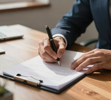 Close-up of professional hands signing accounting documents on a wooden desk in a Brazilian office setting. The composition is focused on efficiency and precision, with a soft morning light.