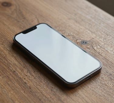 A close-up photograph of a minimalist modern smartphone resting on a hand-carved reclaimed wood table, showcasing textures of natural grain and sleek glass, North American / US.